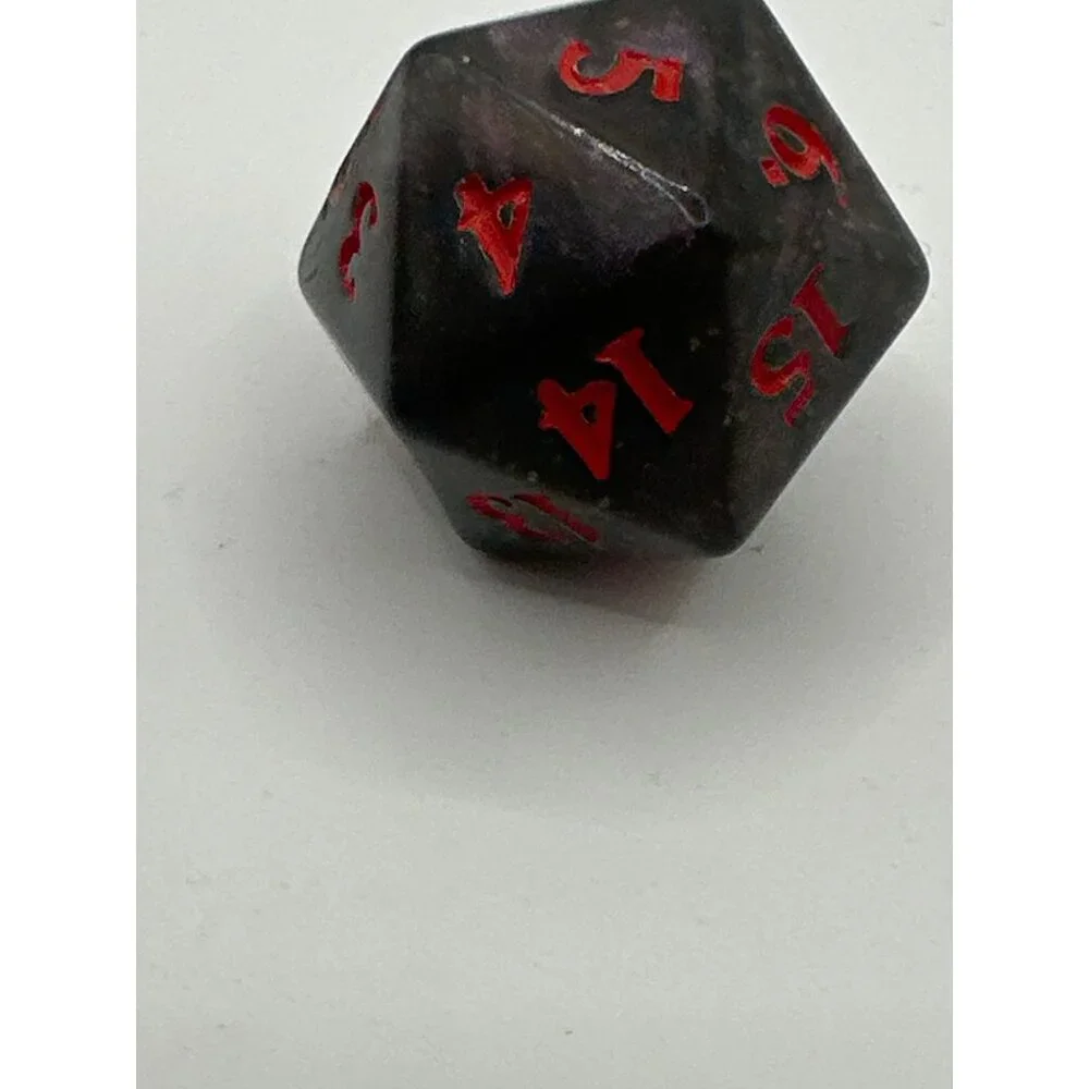 Handcrafted Dark Resin 20-Sided Dice With Crimson Numbers & Dragon Emblem For Ta